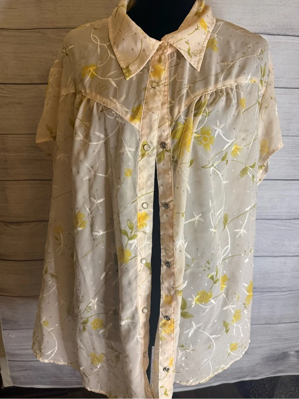 Roper Sheer Floral Button-Up Blouse in Cream and Yellow - Picture 1 of 5